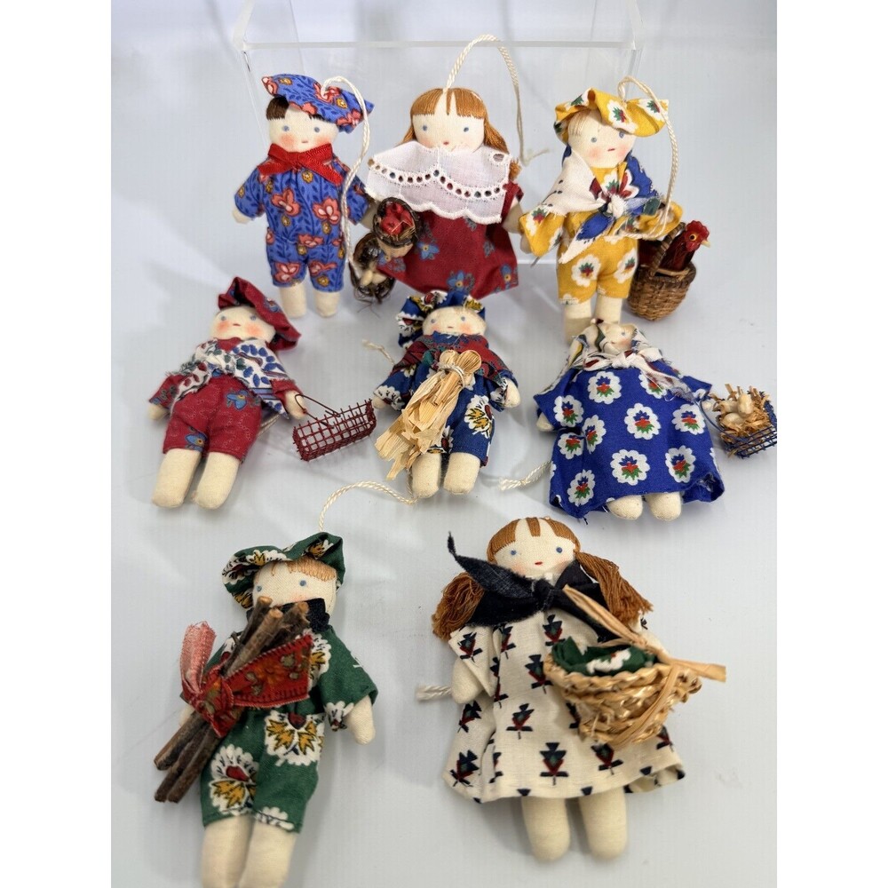 Set of 8 Vintage Handmade Provence French Farm Fabric Doll Ornaments Country